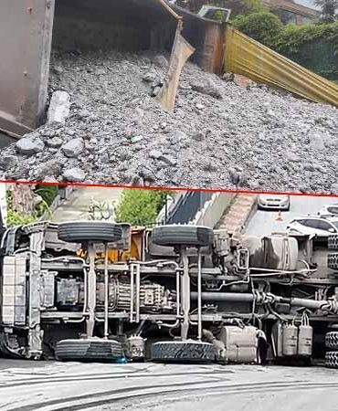 Sarıyer’de yokuşta kayan hafriyat kamyonu devrildi; molozlar yola döküldü