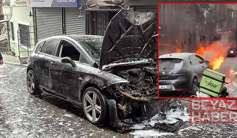 Beyoğlu’nda seyir halindeki otomobil alev alev yandı