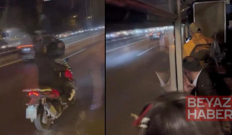 Trafikte tartıştığı İETT şoförüne elindeki cismi fırlattı; yolcuların panik anları kamerada