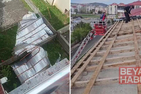 Fırtına çatıyı uçurdu, sac parçaları etrafa savruldu