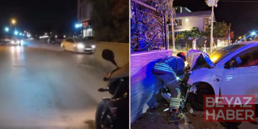 Otomobilin duvara çarptığı kaza kask kamerasında; 2 yaralı
