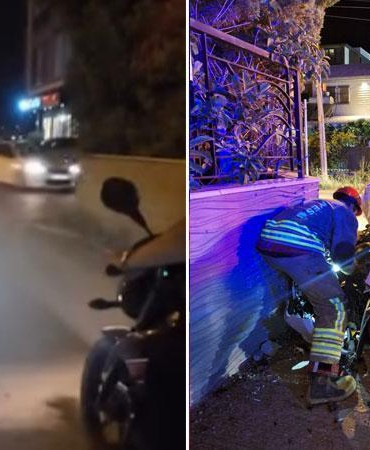 Otomobilin duvara çarptığı kaza kask kamerasında; 2 yaralı