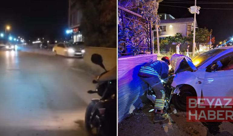 Otomobilin duvara çarptığı kaza kask kamerasında; 2 yaralı