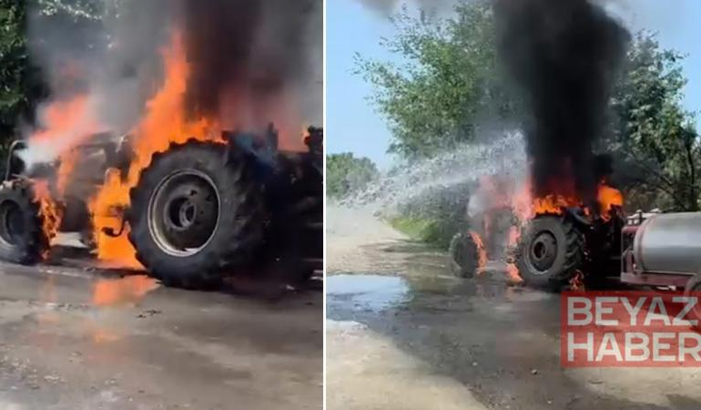 Yangın çıkan traktördeki patlama anı kamerada