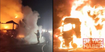Tavuk eti yüklü TIR, otoyolda alev alarak yandı