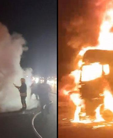 Tavuk eti yüklü TIR, otoyolda alev alarak yandı