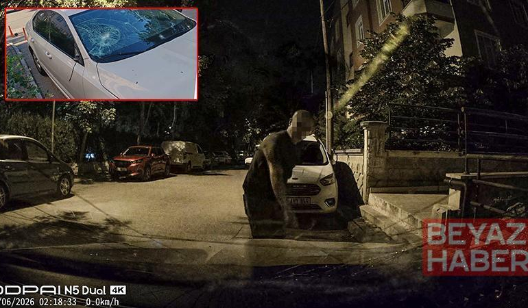 Komşusunun otomobiline tuğlayla zarar verdi, olay araç kamerasına yansıdı