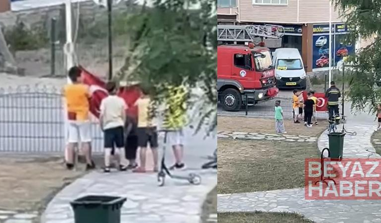 Düşen Türk bayrağına çocuklar sahip çıktı