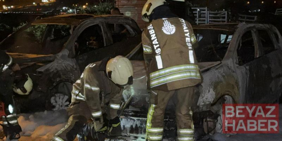 Avcılar’da oto galeriye ait park halindeki otomobiller alev alev yandı