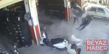 Otomobil lastiği tamir sırasında patladı; o anlar kamerada