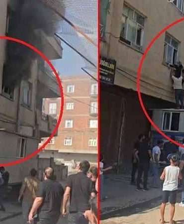 Yangında mahsur kalan kadını konteynerin üzerine çıkarak kurtardılar