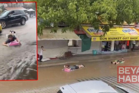Şişme yataklarla sel sularında yüzdüler