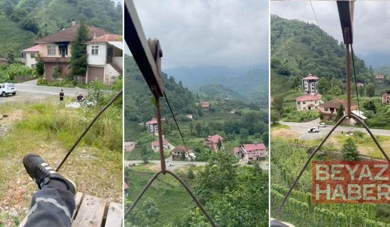 İlkel teleferikle tehlikeli yolculuk kamerada