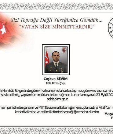 Zeytin Dalı Harekat bölgesinde görevi sırasında rahatsızlanan asker şehit oldu